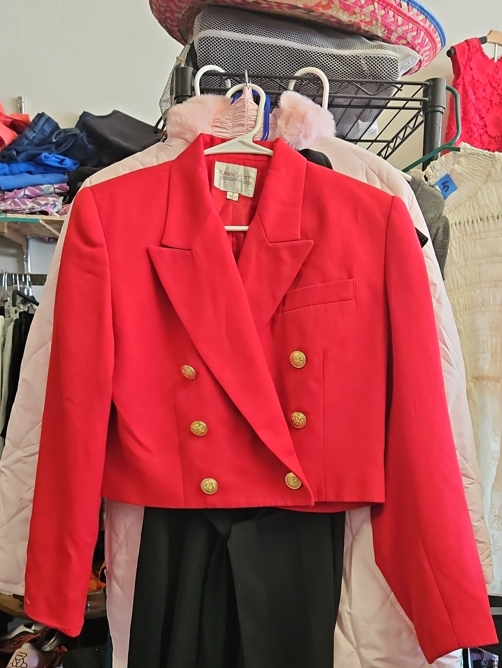 Karen Scott Cropped Red Double-Breasted Blazer with Gold Buttons